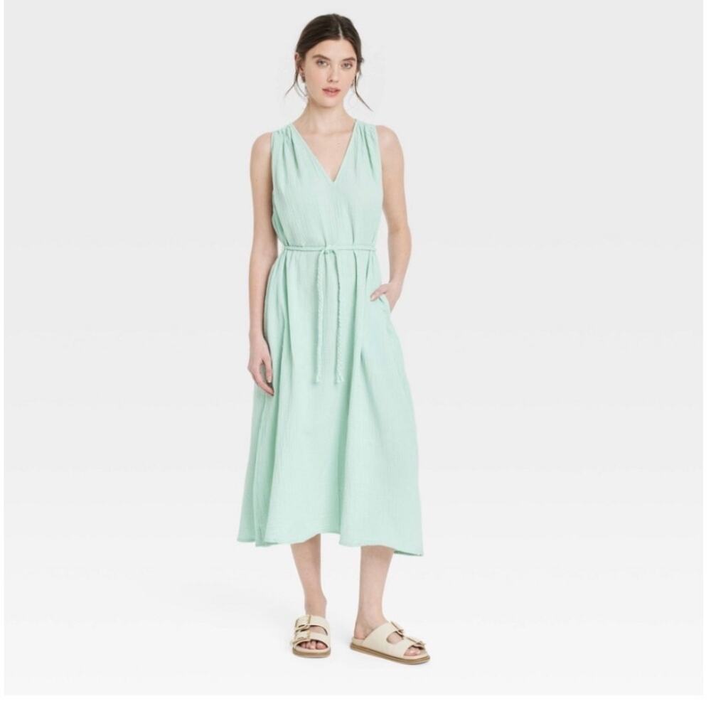 Womans belted gauze midi dress L
